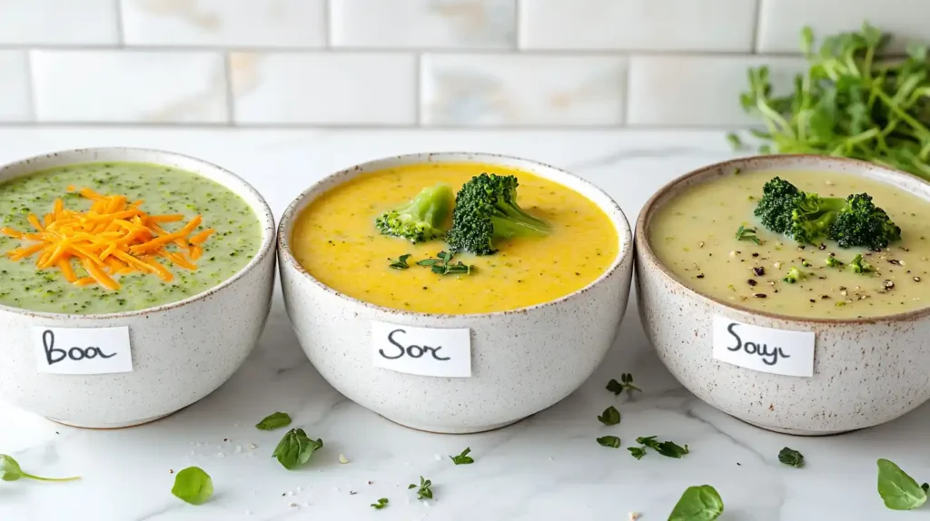 Three variations of Cream of Broccoli Soup side by side.