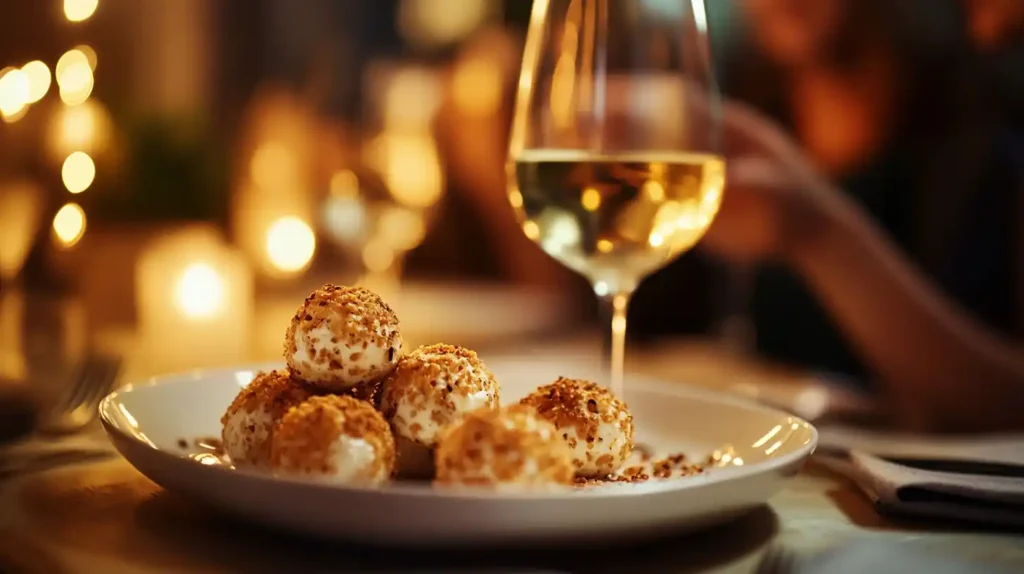 Goat cheese balls served with white wine at a cozy dinner.