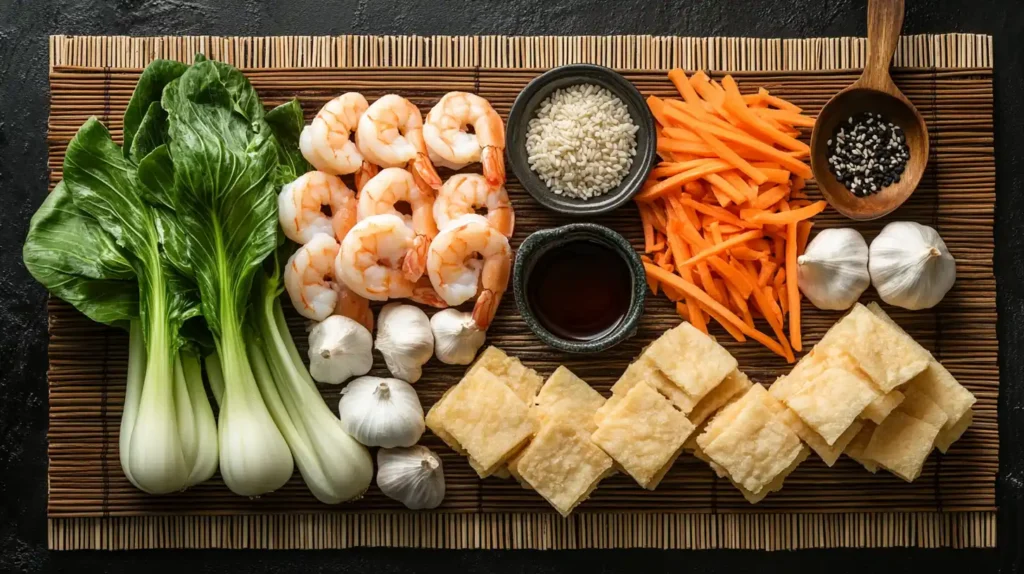 Fresh ingredients for making sizzling rice soup.