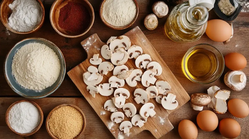 A realistic flat-lay of fresh ingredients for fried sliced mushrooms, including mushrooms, flour, eggs, breadcrumbs, seasonings, and oil, arranged on a rustic wooden countertop.