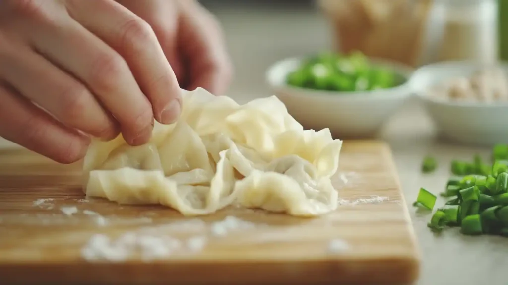 Hands folding a homemade wonton for wor wonton soup.