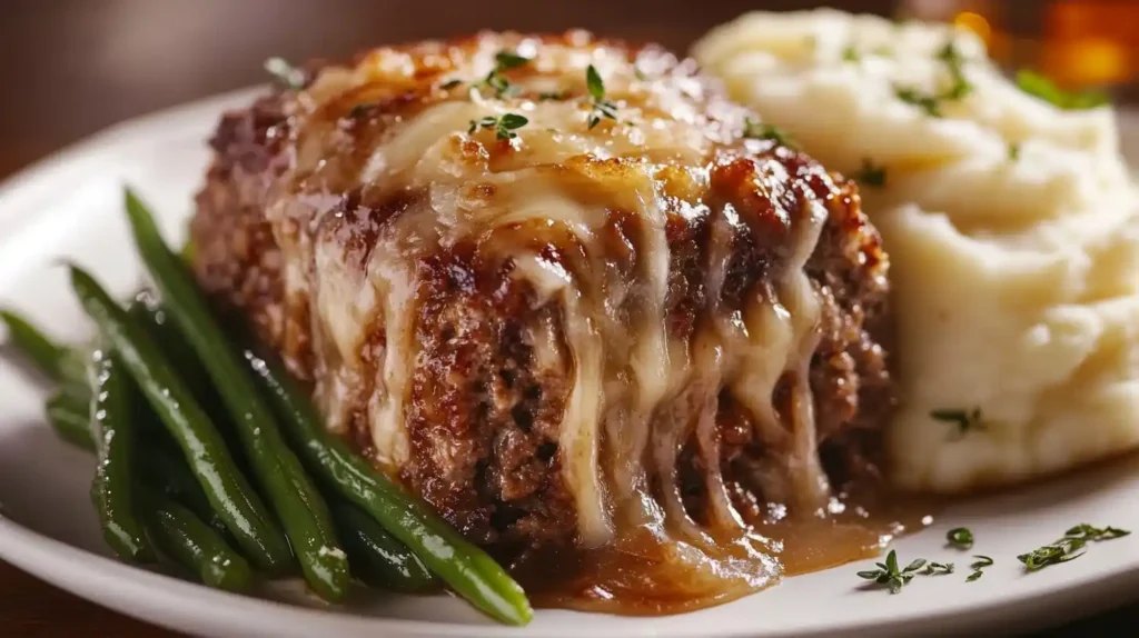 French Onion Meatloaf Plated with Mashed Potatoes and Gravy