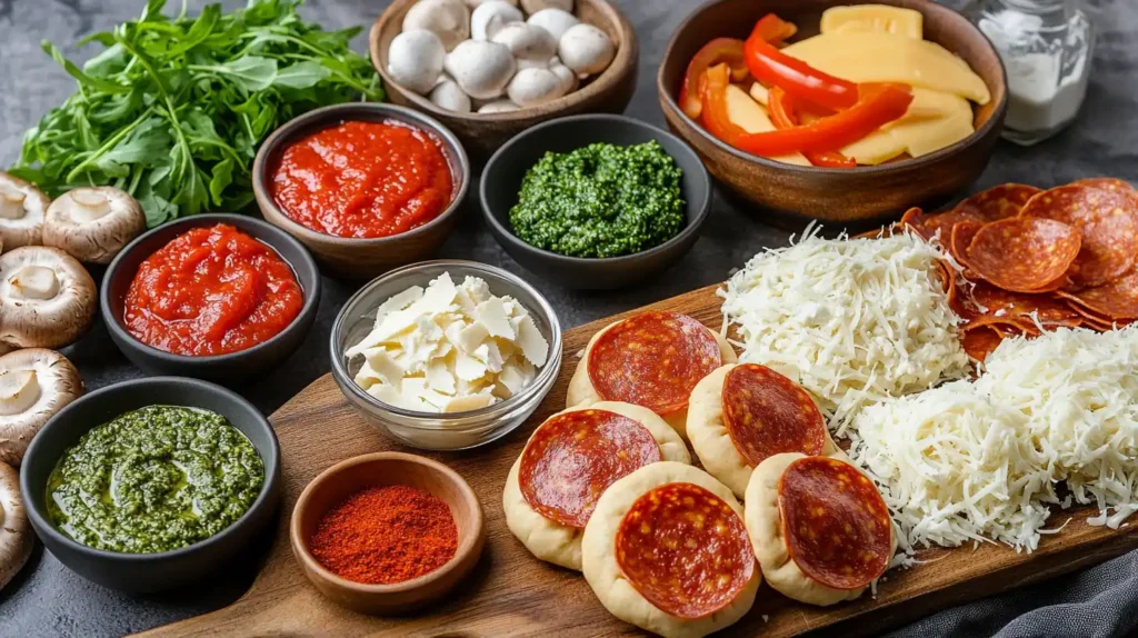 A realistic flat-lay of ingredients for air fryer pizza bagels, including bagels, marinara sauce, pesto, Alfredo, mozzarella, cheddar, Parmesan, and various toppings on a rustic wooden countertop.