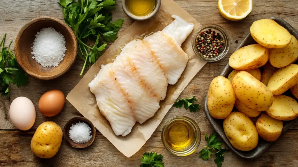 A top-down view of fresh cod fillets, russet potatoes, breadcrumbs, olive oil, eggs, lemon wedges, and seasonings on a rustic wooden table.