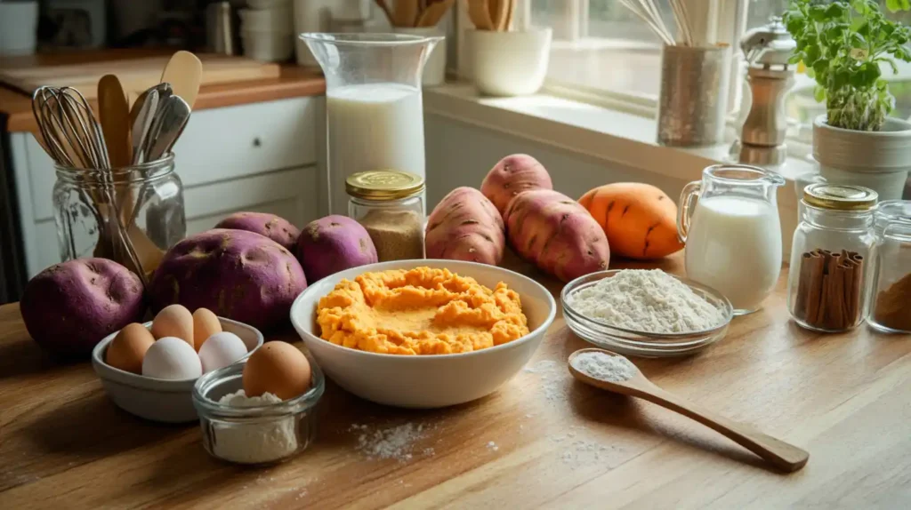 A cozy home kitchen setup displaying fresh ingredients for sweet potato waffles, including sweet potatoes, flour, eggs, milk, spices, and baking essentials.