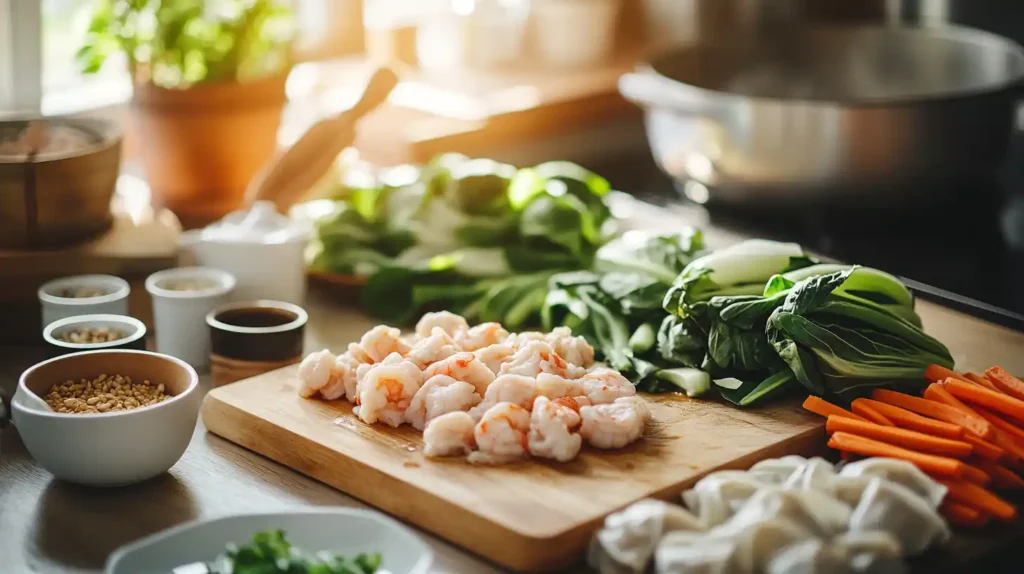 A cozy home kitchen scene featuring fresh shrimp, chicken, pork, bok choy, mushrooms, carrots, wonton wrappers, and seasonings arranged on a wooden countertop.