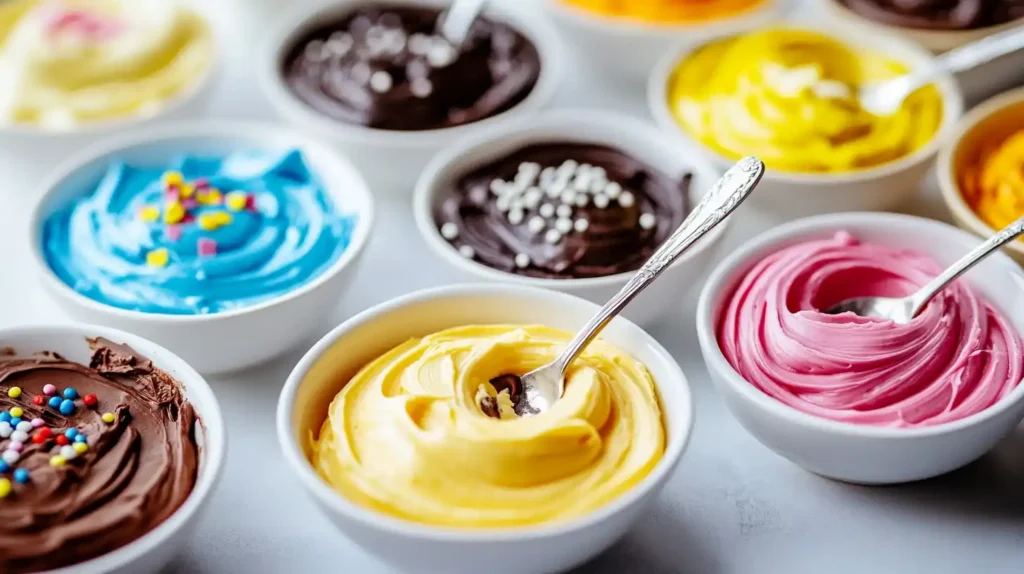 Different sugar cookie icing flavors in small bowls.