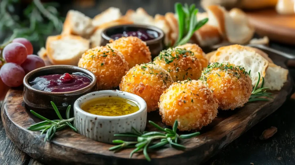 Appetizer platter with goat cheese balls and dipping sauces.