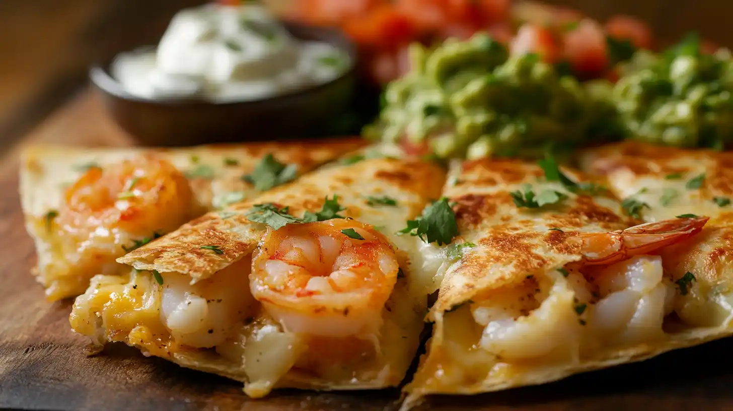 Crispy shrimp quesadilla with cheese, guacamole, and salsa