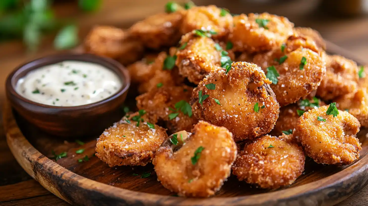 Crispy fried sliced mushrooms with ranch dip on a wooden plate.