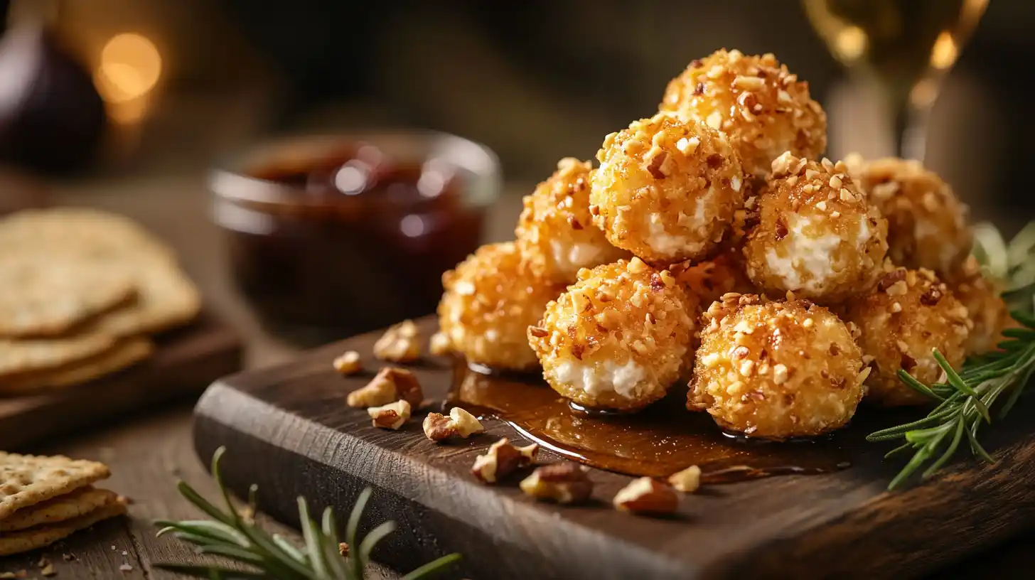 Crispy goat cheese balls drizzled with honey on a wooden board.