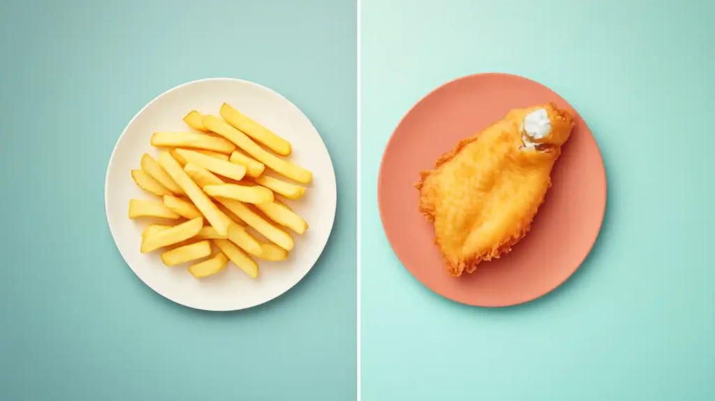 Nutritional comparison infographic of baked vs. fried fish and chips