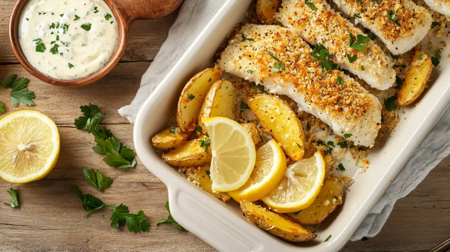 Baked fish and chips with golden potato wedges and tartar sauce