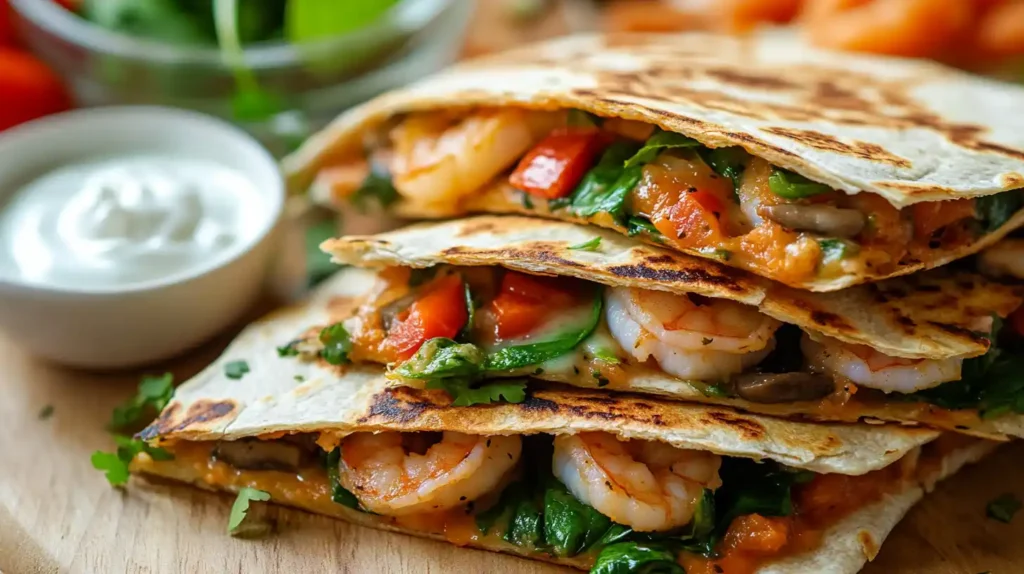 Whole wheat shrimp quesadilla with vegetables and Greek yogurt dip