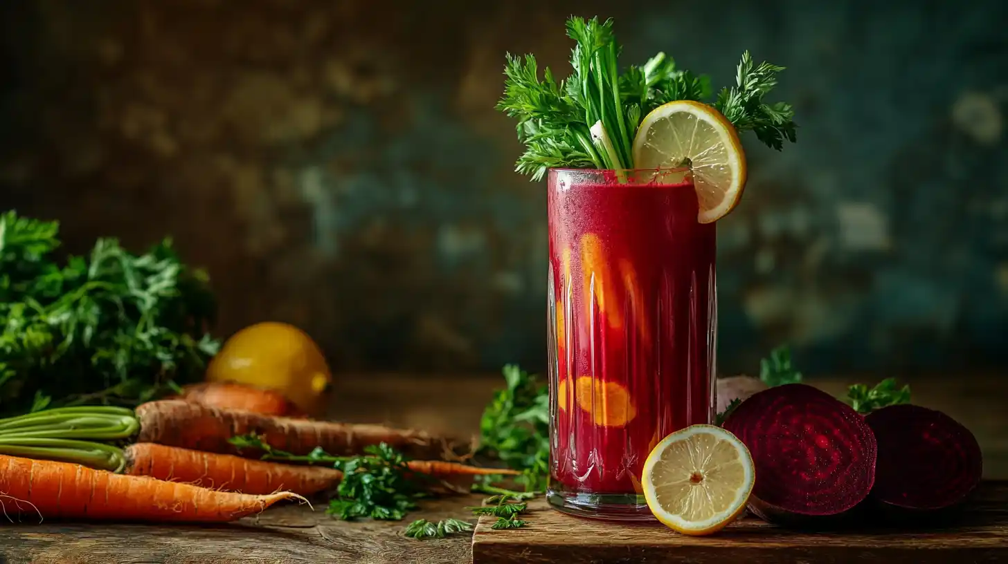 Fresh beet and carrot juice with whole beets and carrots