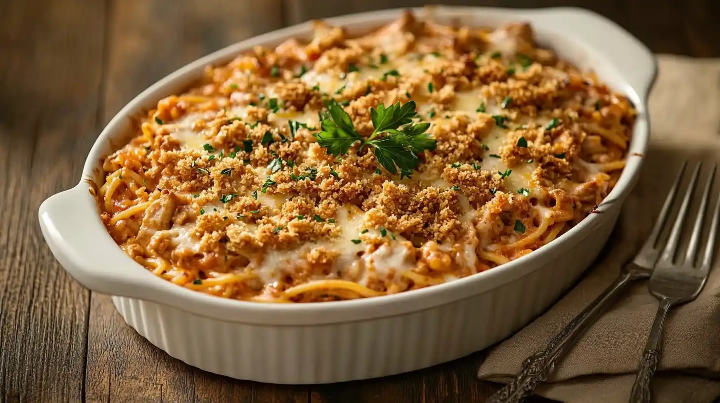 Freshly baked creamy chicken tetrazzini with golden cheese topping