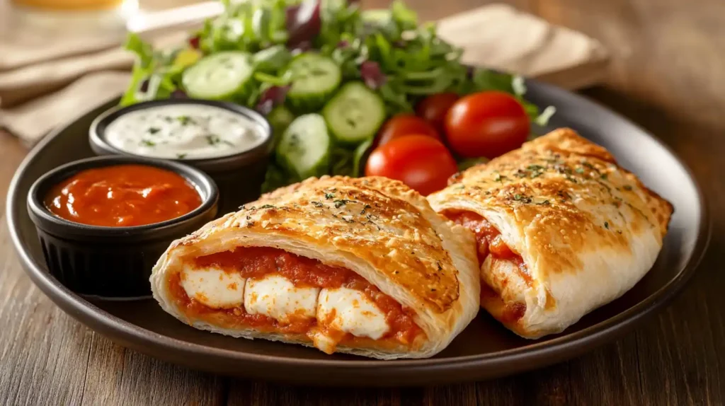 Sliced homemade hot pockets with dipping sauces and a side salad.