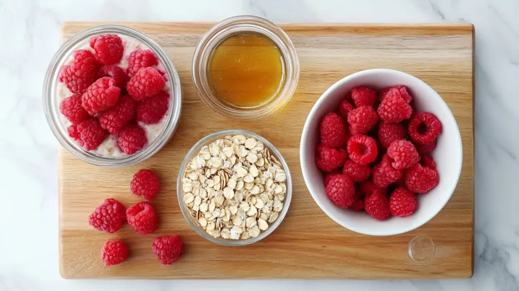 Ingredients for homemade muesli with raspberries.