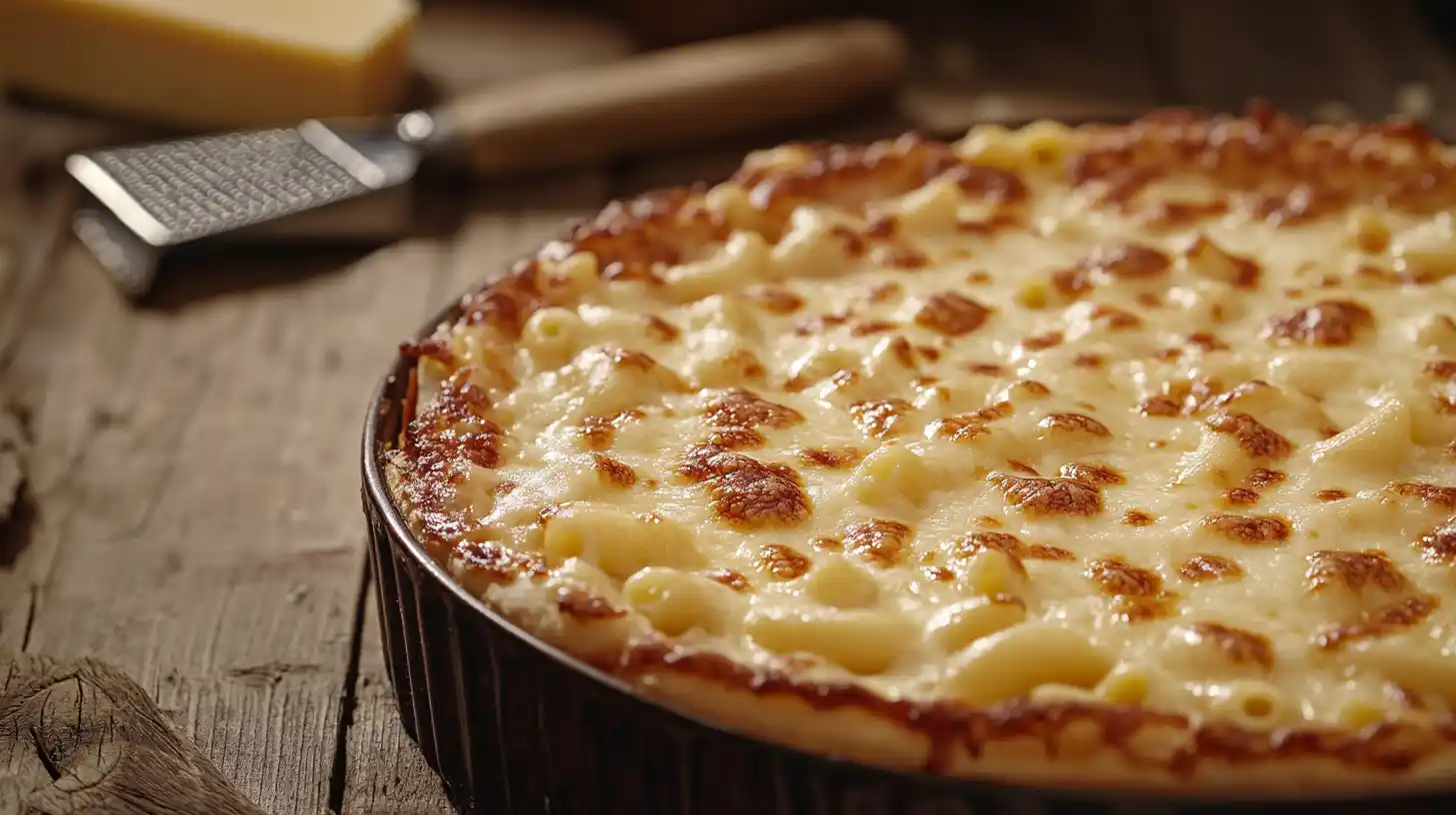 Freshly baked Pizza Macaroni and Cheese with crispy crust and melted cheese