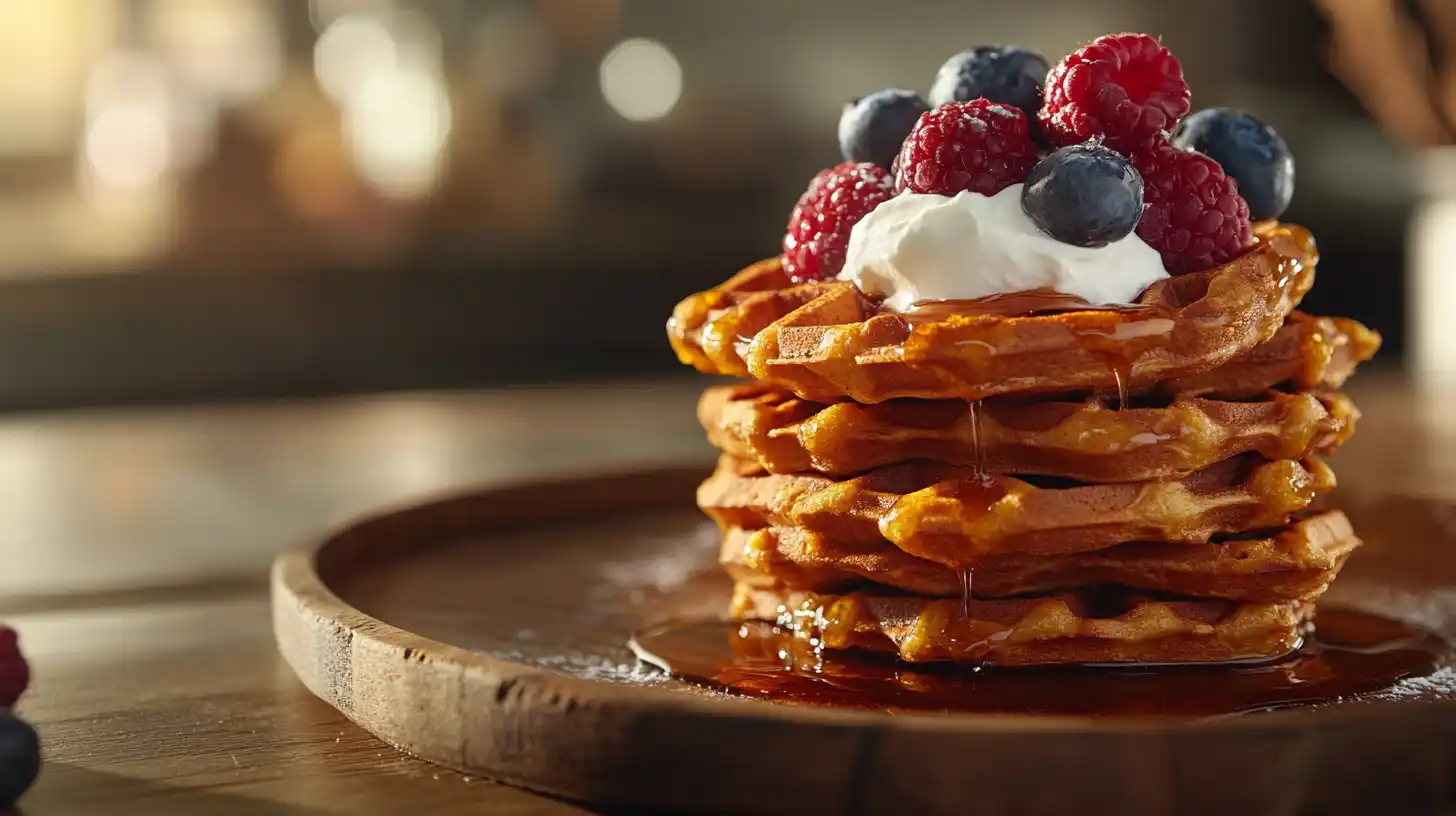 Sweet Potato Waffles with Maple Syrup and Berries