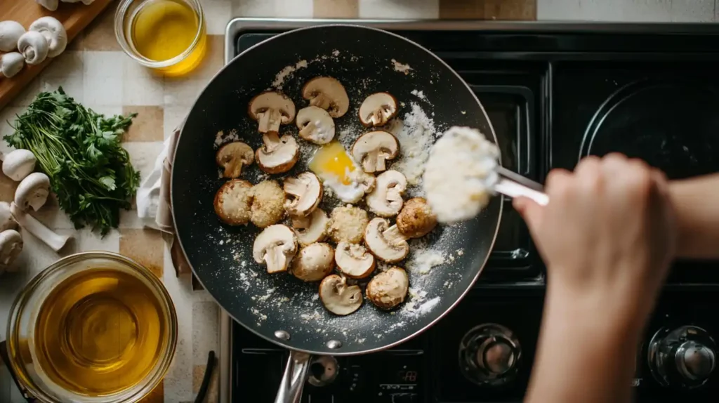 Step-by-step process of breading mushrooms for frying.