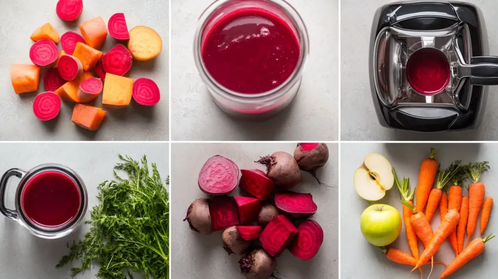 Step-by-step process of making beet and carrot juice