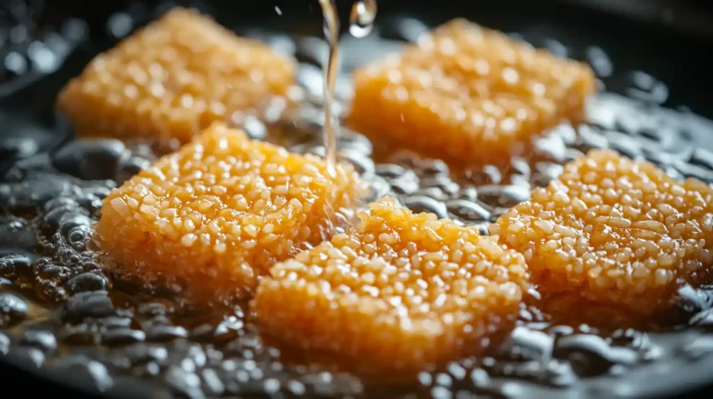 Crispy golden rice being fried for sizzling rice soup.