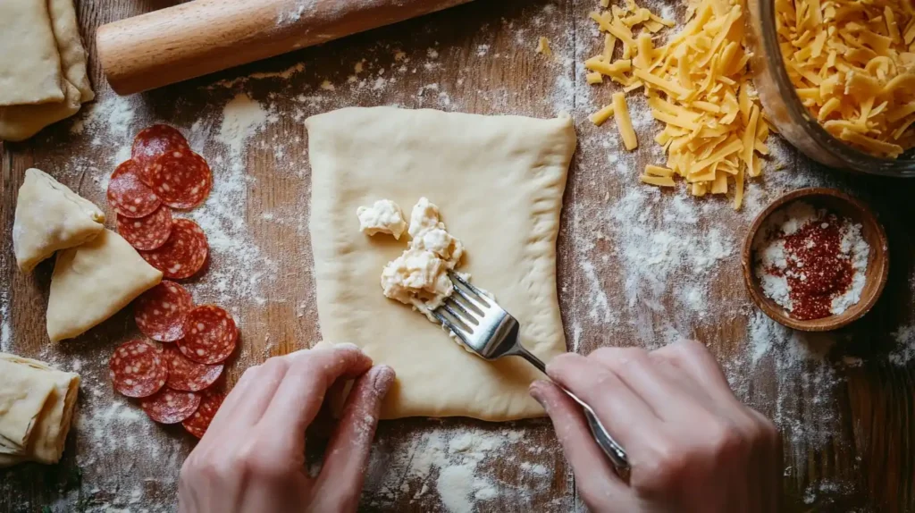 Hands sealing a homemade hot pocket with a fork on a floured surface.