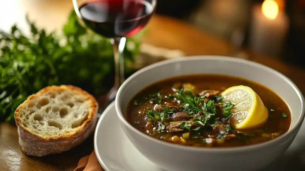 Bowl of mock turtle soup with garnishes