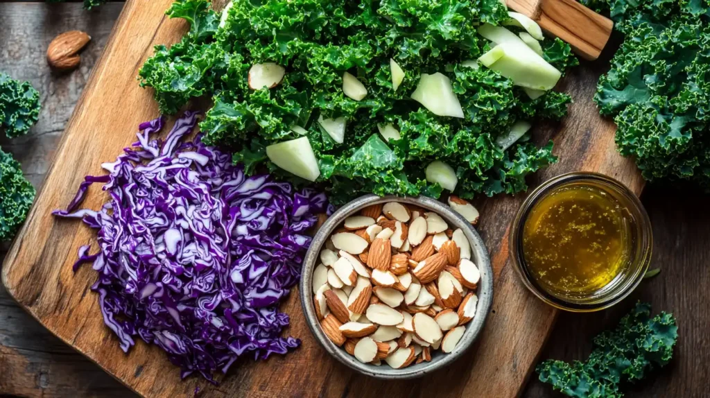 Fresh ingredients for Chick-fil-A Kale Salad, including kale, cabbage, and almonds.