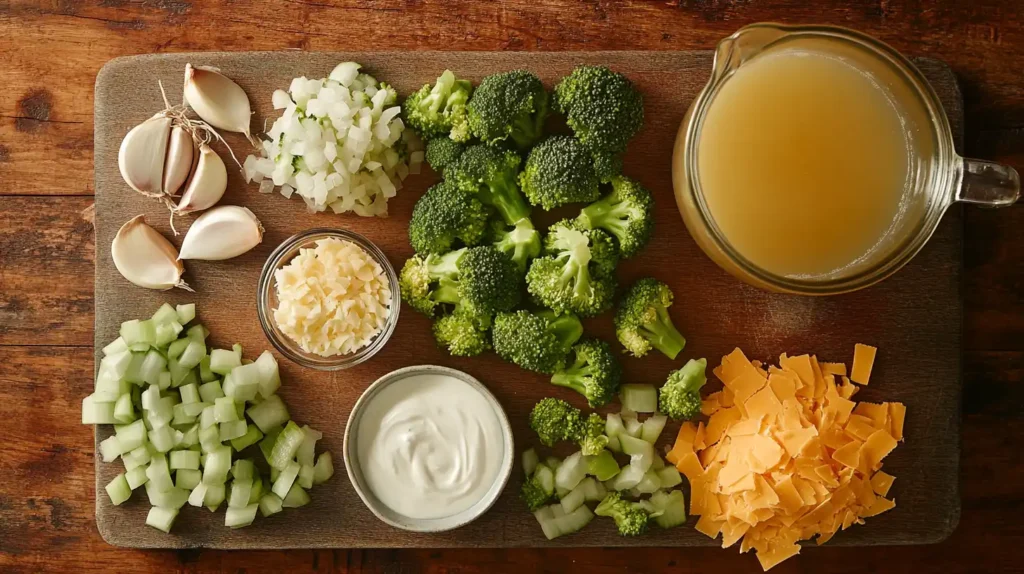 Fresh ingredients for Cream of Broccoli Soup on a cutting board.