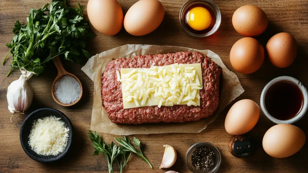 French Onion Meatloaf Ingredients on a Wooden Counter