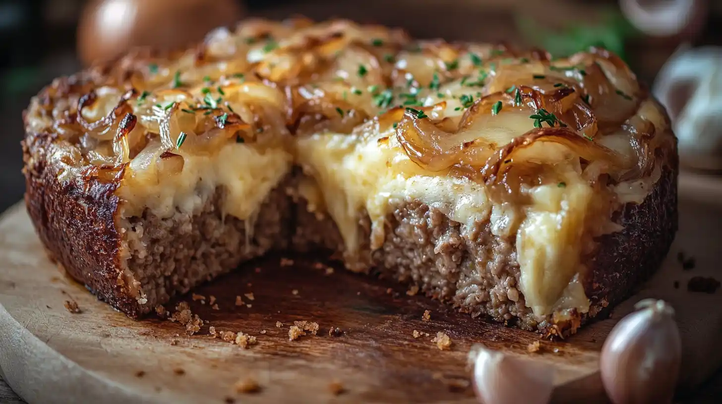 French Onion Meatloaf with Melted Cheese and Caramelized Onions