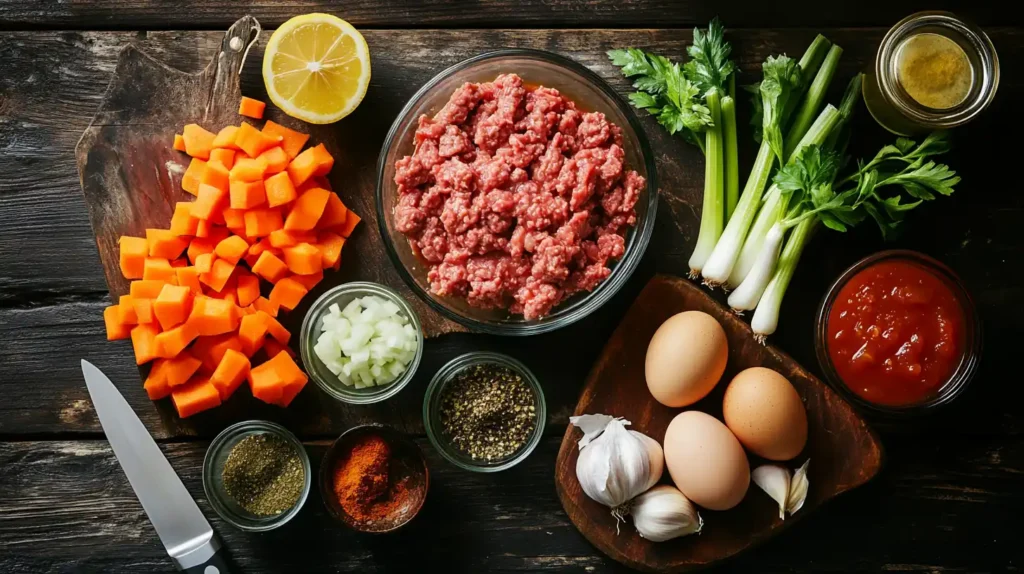 Ingredients for mock turtle soup arranged on a wooden counter