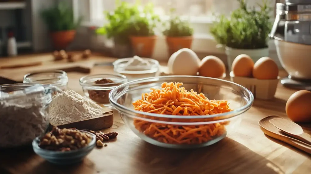 Fresh ingredients for homemade carrot cake cookies in a home kitchen