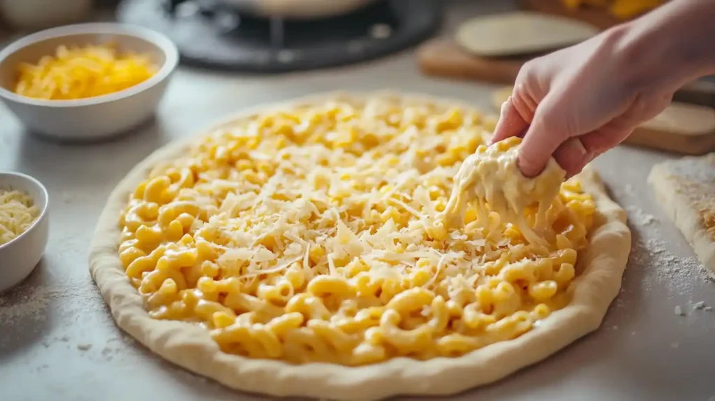 Preparing homemade mac and cheese pizza with fresh ingredients