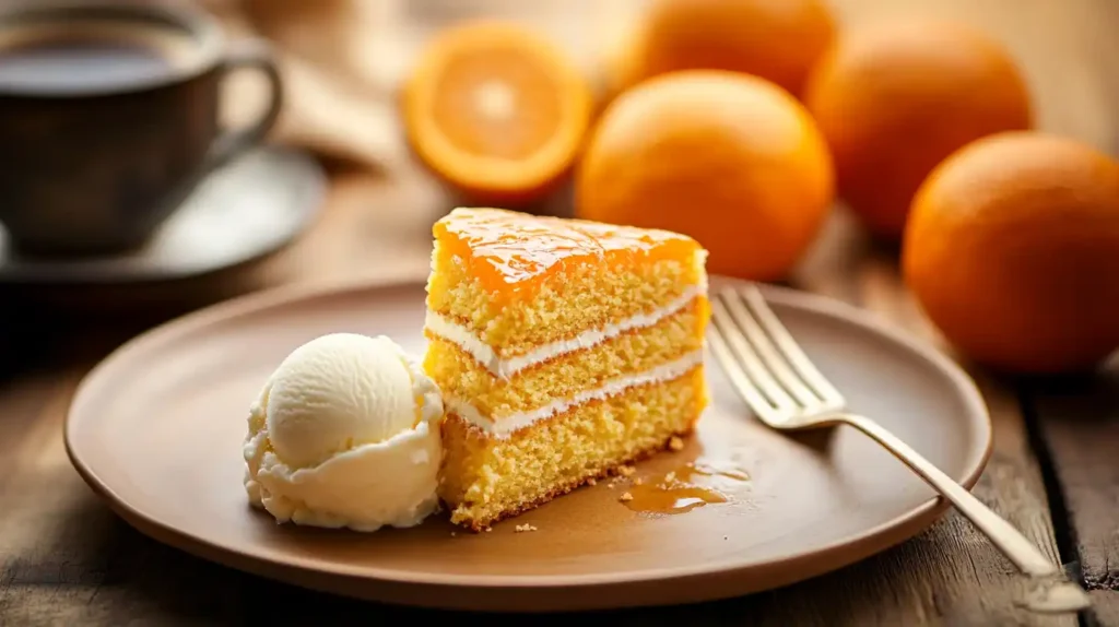 Slice of Mandarin Orange Cake with ice cream