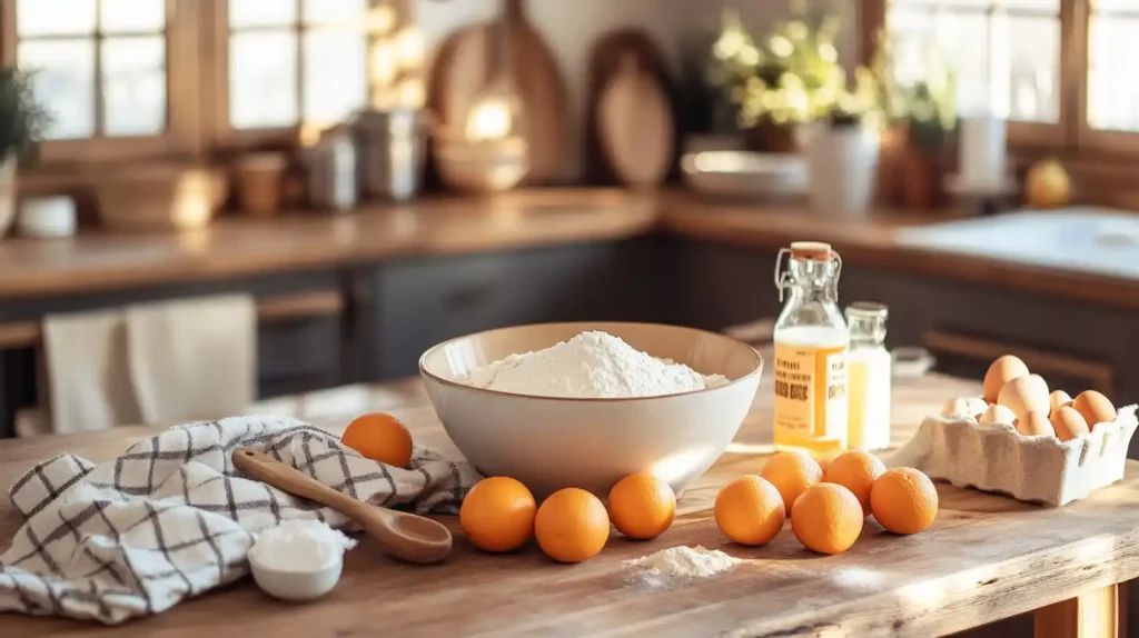 Ingredients for Mandarin Orange Cake on a wooden countertop