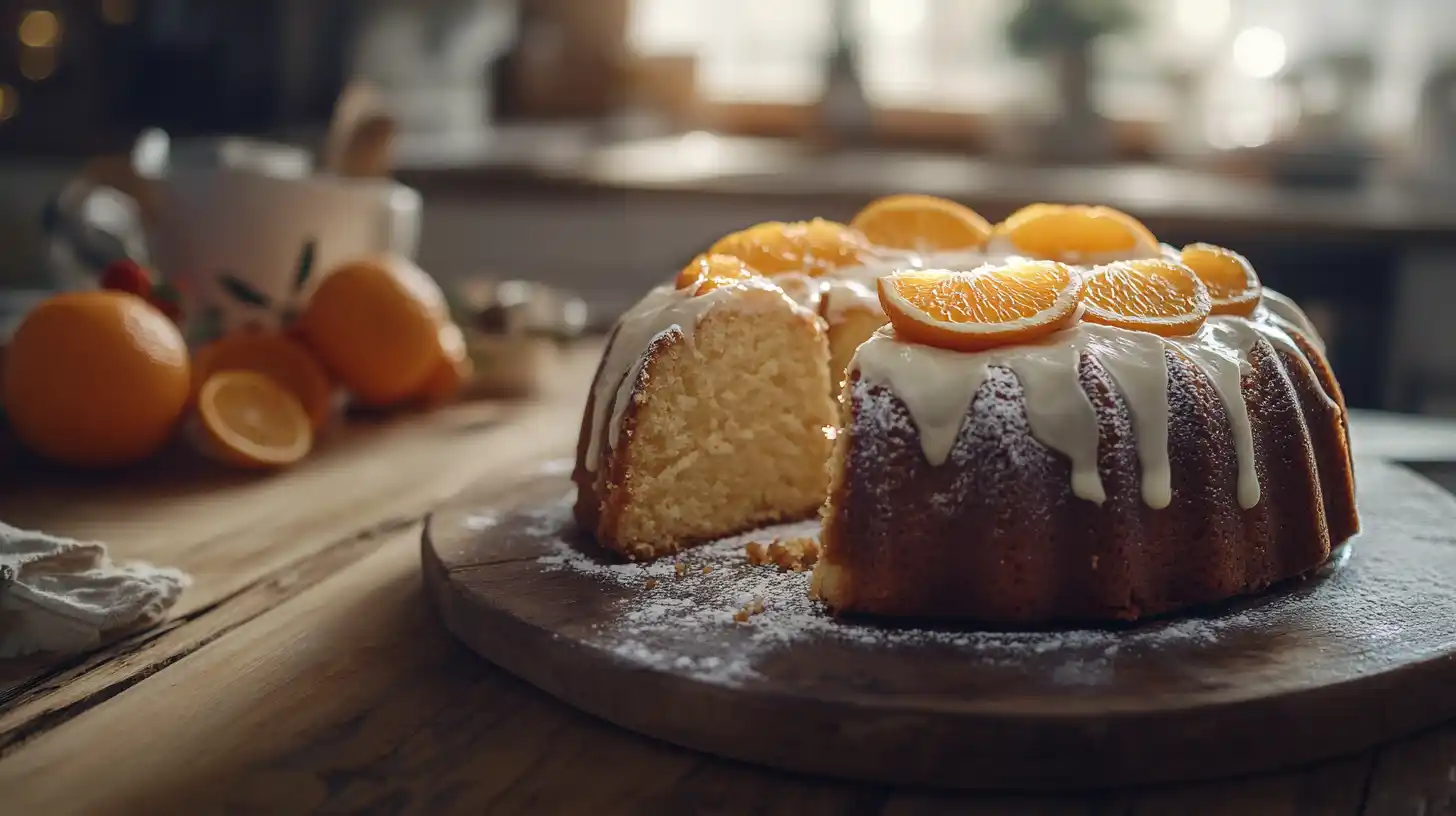 Mandarin Orange Cake with fresh mandarins on top