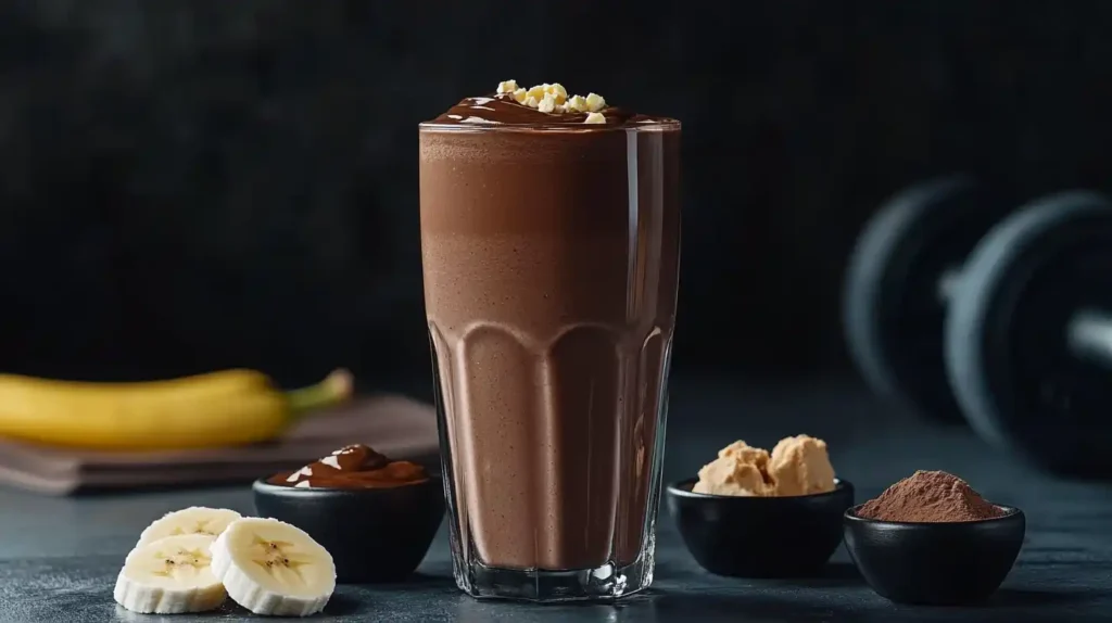 Chocolate protein shake with banana and almond butter.