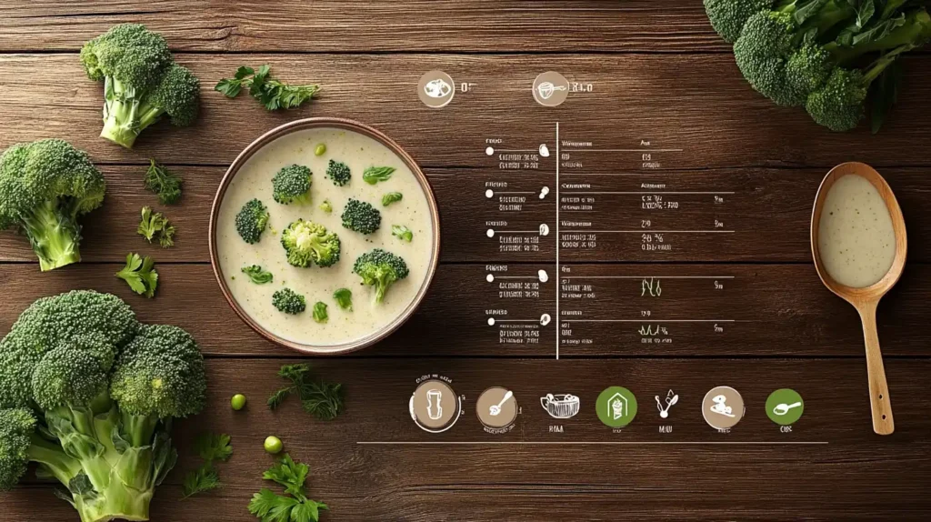 A nutrition chart displaying the benefits of Cream of Broccoli Soup.