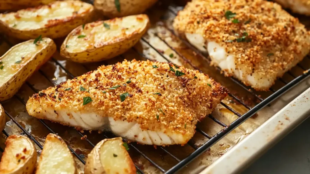 Crispy baked fish fillets on a wire rack with potato wedges