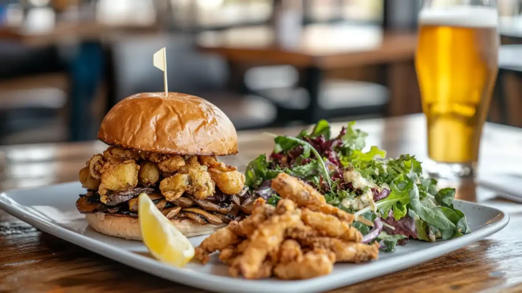 A plate of fried sliced mushrooms served with a burger and salad.