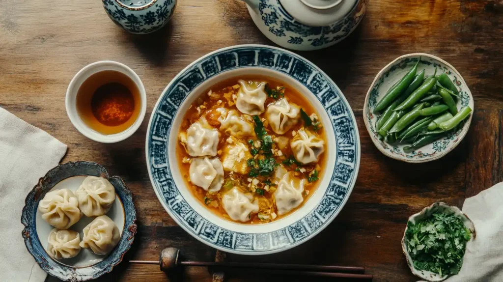 A full meal spread with wor wonton soup and side dishes.