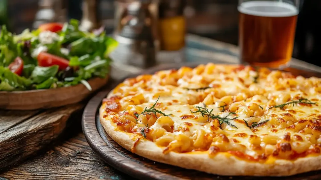 Pizza Macaroni and Cheese served with salad and iced tea