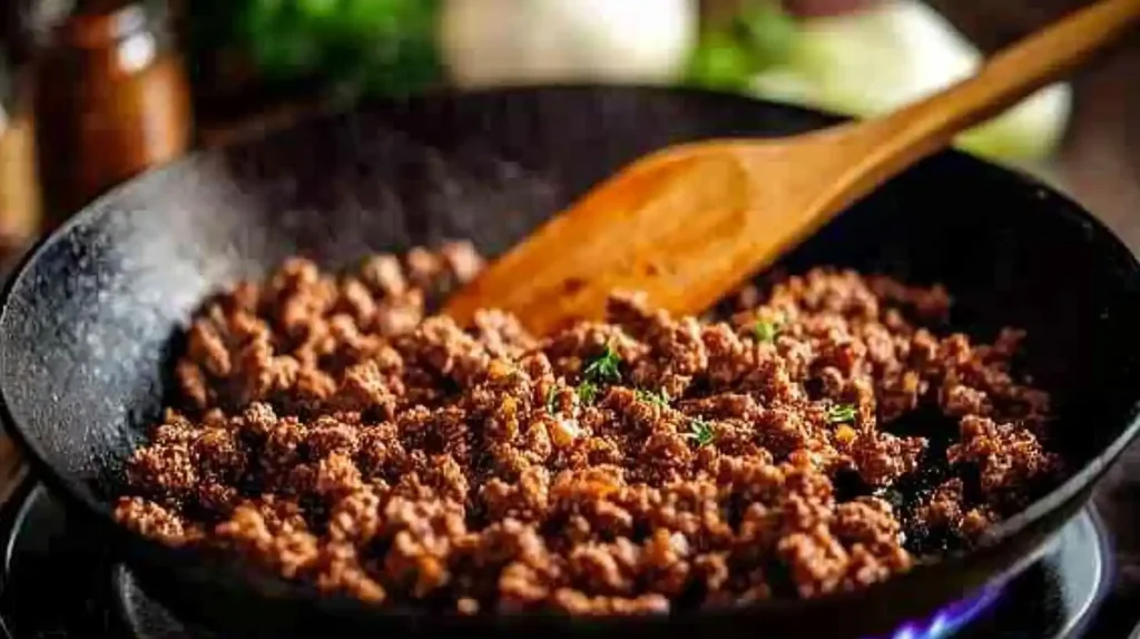 Ground beef cooking in a skillet with seasonings