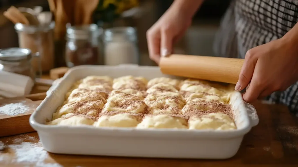 Hands rolling out crescent dough with cinnamon sugar for churro cheesecake.