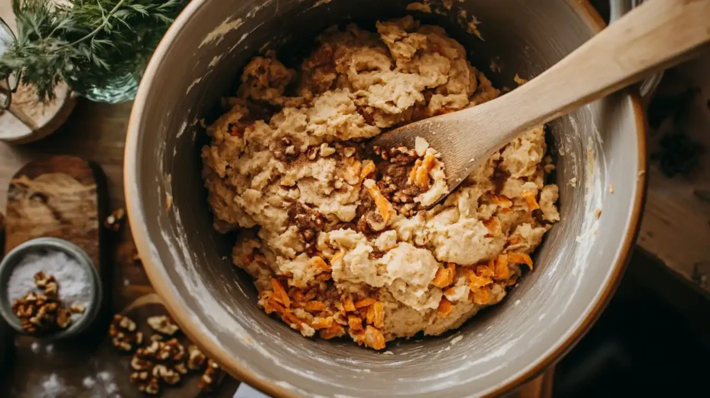 Carrot cake cookie dough in a mixing bowl with spices