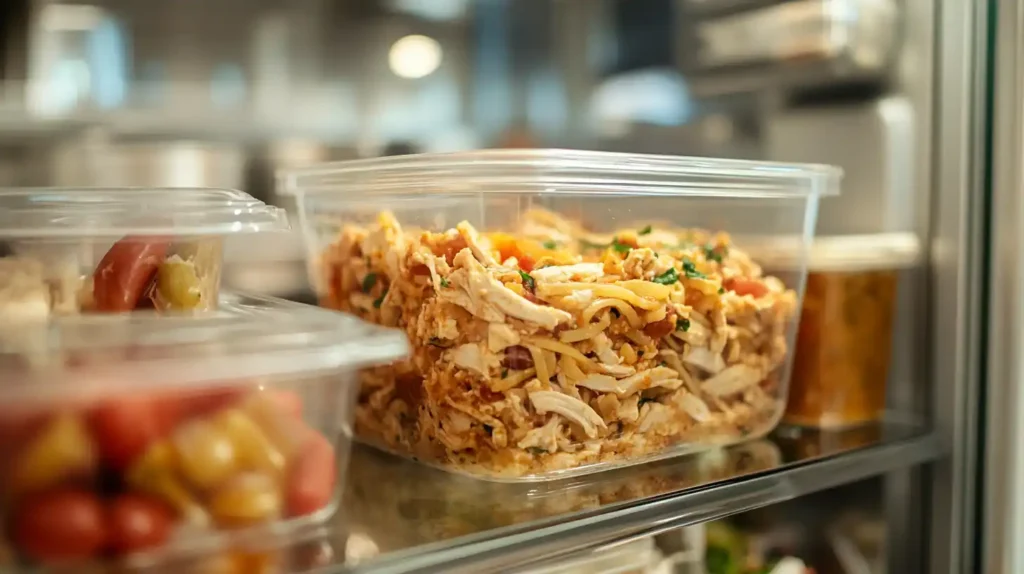 Stored Chicken Tetrazzini leftovers in a glass container