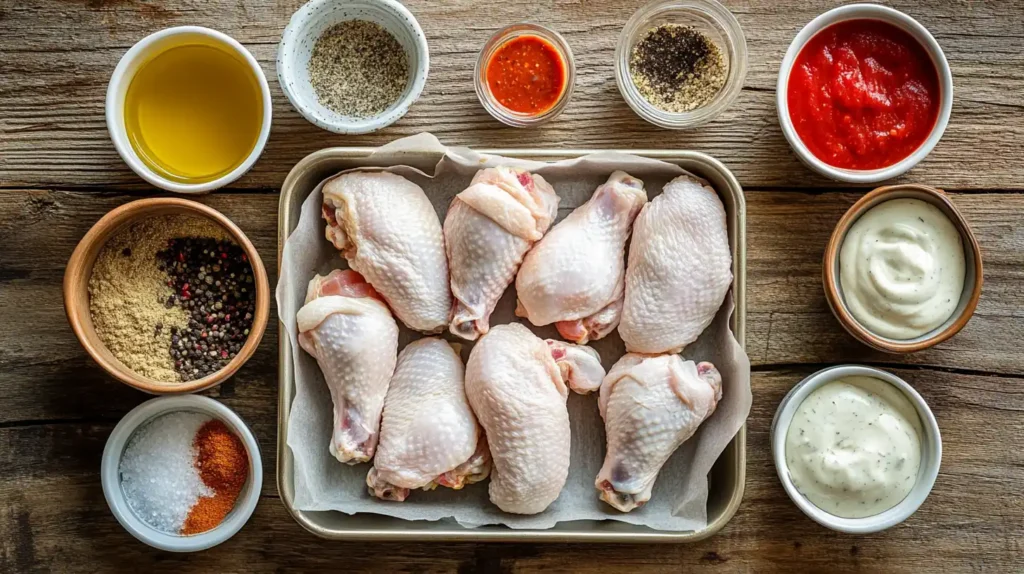 Realistic image of ingredients for air fryer frozen wings, including frozen wings, seasonings, and sauces.